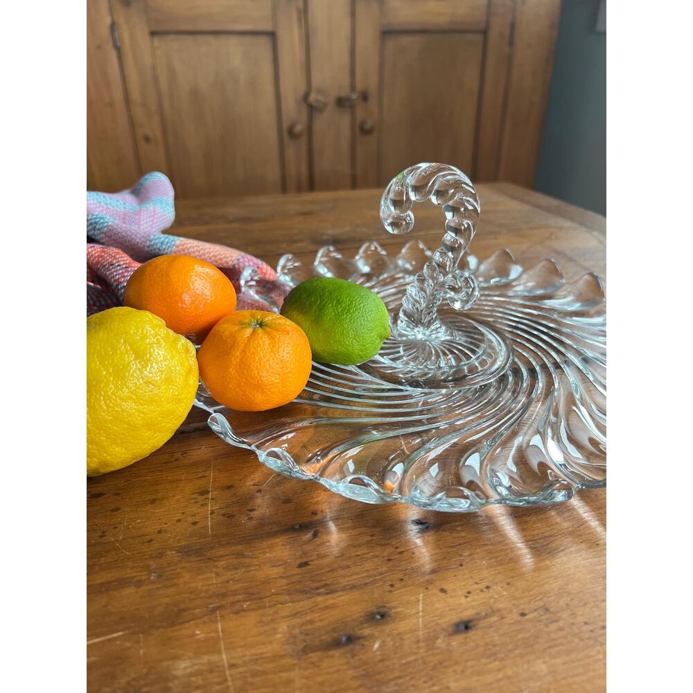 Vintage Glass Serving Platter with Central Handle, Swirl Design Party Tray